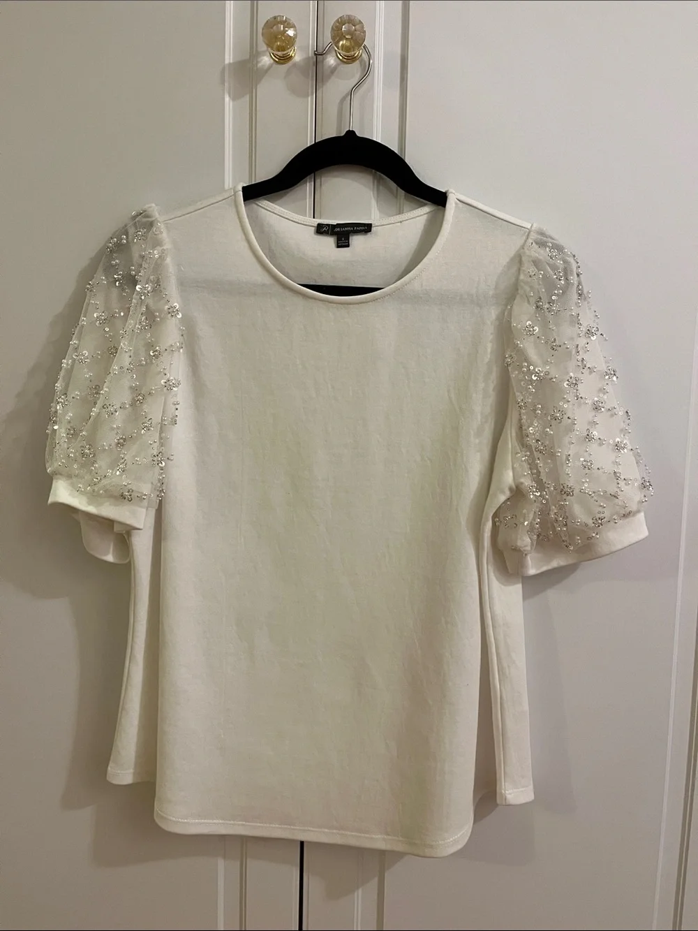 Banana Republic White Beaded Puff Sleeve Top